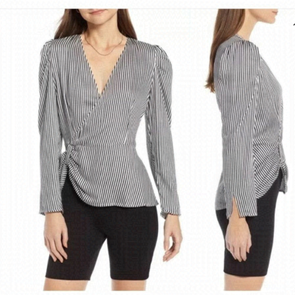 NWT Something Navy gathered peplum striped blouse top Nordstrom Women’s Size S